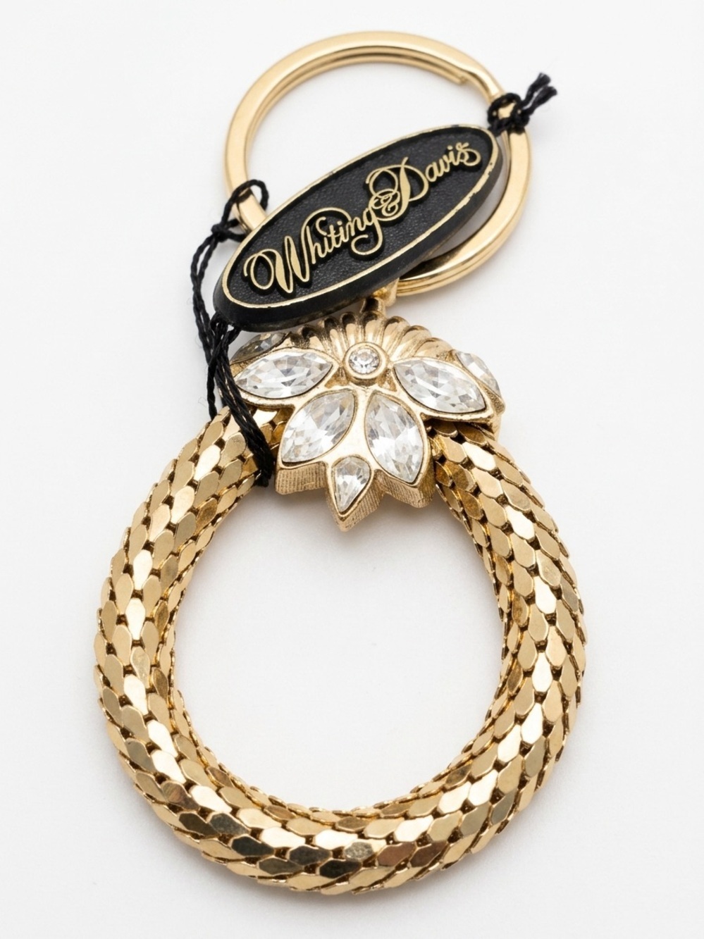 Whiting and Davis Gold Tone Mesh Holiday Wreath Crystal Keychain NWT